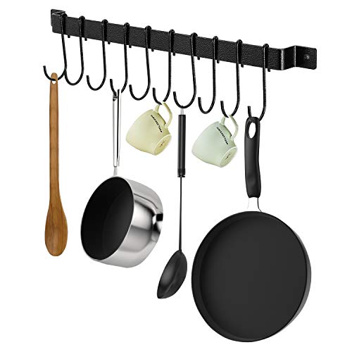 UMI. by Amazon - Barra con 10 S-Ganchos Multiuso para Colgar Ollas y Sartenes, Soportes para Utensilios de Cocina, Colgante, Montaje en Pared, Negro, 43 cm