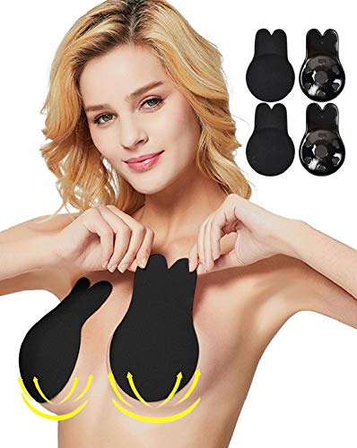 UMIPUBO Invisible Sujetador Adhesivo Deportivo para Mujer Push Up Sujetador Reutilizable Sin Tirantes Silicona Bra Strapless Nipple Covers (C(12cm), Negro(2 Pares))