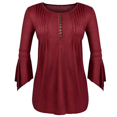 UMIPUBO Mujer Blusa 3/4 Manga Camisas Elegante Camisetas Primavera Verano Cuello en V Tops (XL, Vino Rojo)