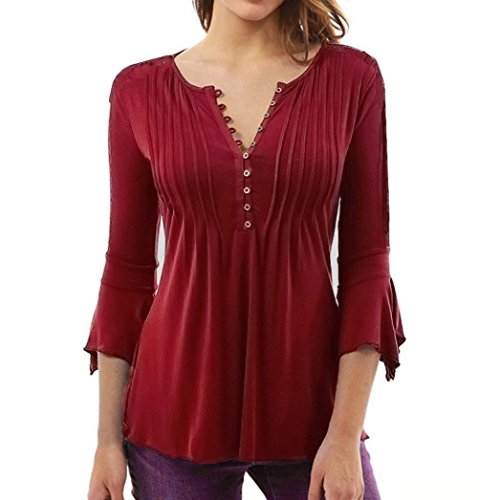 UMIPUBO Mujer Blusa 3/4 Manga Camisas Elegante Camisetas Primavera Verano Cuello en V Tops (XL, Vino Rojo)