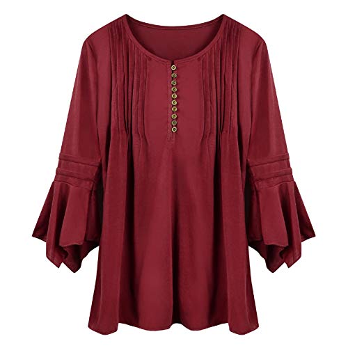 UMIPUBO Mujer Blusa 3/4 Manga Camisas Elegante Camisetas Primavera Verano Cuello en V Tops (XL, Vino Rojo)