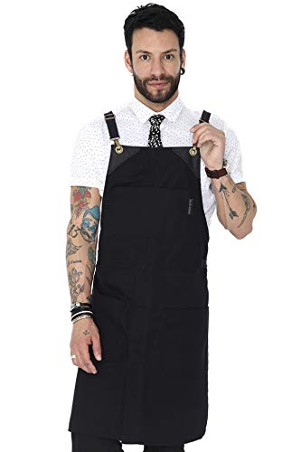 Under NY Sky Delantal Lona Negra - Profesional - Correas de Espalda Cruzada - Multi Bolsillos - Ajustable, Hombres, Mujeres, Chef, Barista, Barbero, Barman, Dependiente de Tenda, Artista del tatuaje