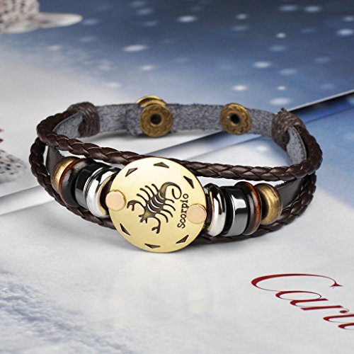 Unendlich U Infinito U - Pulsera Mujer Hombre de Cuero Pulsera 12 Constelaciones Pulsera Trenzada Piel Aleación Multi Layer Negro Pulseras, 12 Opciones (ESCORPIÓN)