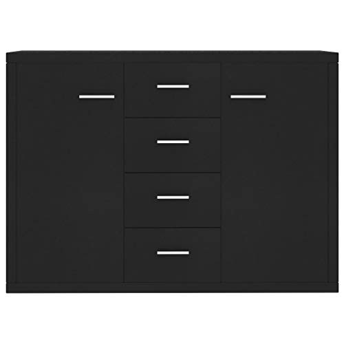 UnfadeMemory Aparador Salón Comedor,Mueble Bajo,Armario Auxiliar,Madera Aglomerada,88x30x65cm (Negro con 4 Cajones y 2 Puertas)