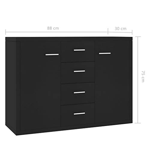 UnfadeMemory Aparador Salón Comedor,Mueble Bajo,Armario Auxiliar,Madera Aglomerada,88x30x65cm (Negro con 4 Cajones y 2 Puertas)