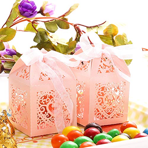 UNHO 25 Piezas Caja Papel para Boda Caja de Regalo para Caramelos Bombones Dulces Galletas Recuerdos Ideal para Boda Cumpleaños Fiesta Comunión Bautizo Color Rosado