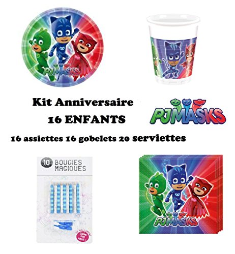 uni que Set de Cumpleaños 52 Piezas PJ Masks 16 niños (16 Platos, 16 Tazas, 20 servilletas + 10 Velas mágicas ofrecidas) Fiesta Mesa de decoración