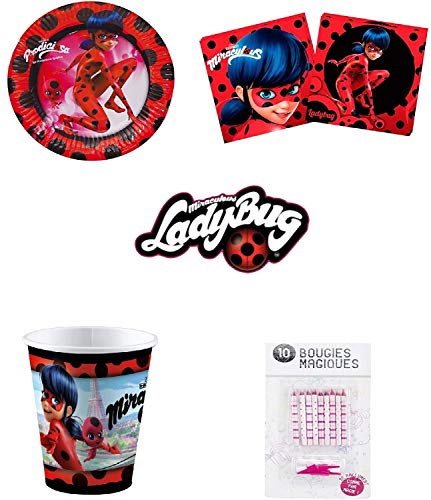 Uni que Set Prodigiosa Ladybug Decoración Cumpleaños 16 Niños (16 Platos, 16 Tazas, 20 servilletas) 10 Velas Mágicas ofrecidas Fiesta