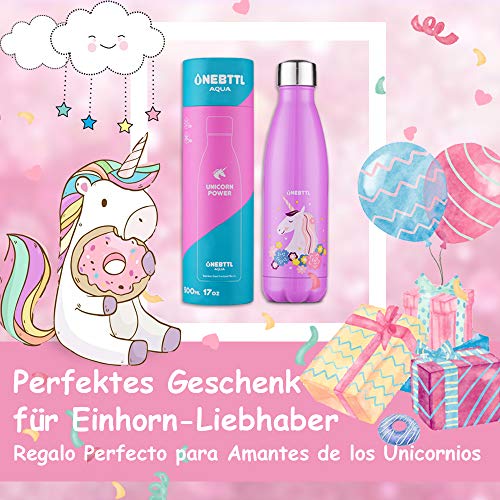 Unicornio Botella Agua sin bpa niños Acero Inoxidable, Cosas de Unicornios para niñas cumpleaños y Fiesta Destello, cantimplora Infantil niña 500ml Aqua