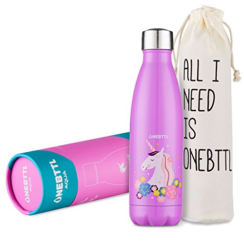 Unicornio Botella Agua sin bpa niños Acero Inoxidable, Cosas de Unicornios para niñas cumpleaños y Fiesta Destello, cantimplora Infantil niña 500ml Aqua