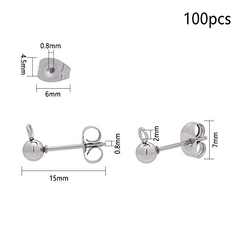 UNICRAFTALE 100pcs (50 Pares) Aretes de Acero Inoxidable, Componentes de Espárragos de Oreja de Pasador de 0.8 mm con Lazo Abierto, Ball Stud Earring with Earring Backs Hallazgos de Joyería