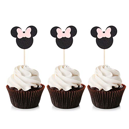 Unimall Global - 24 adornos para cupcakes inspirados en Minnie Mouse con lazo rosa brillante para cupcakes y cupcakes para fiestas de cumpleaños infantiles