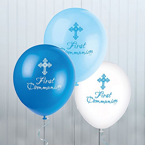 Unique Party - Globos de Látex de Primera Comunión - 30 cm - Diseño Religioso Cruzado Radiante - Color Azul - Paquete de 8 (43831)