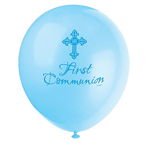 Unique Party - Globos de Látex de Primera Comunión - 30 cm - Diseño Religioso Cruzado Radiante - Color Azul - Paquete de 8 (43831)