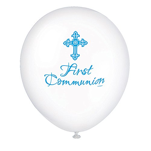 Unique Party - Globos de Látex de Primera Comunión - 30 cm - Diseño Religioso Cruzado Radiante - Color Azul - Paquete de 8 (43831)