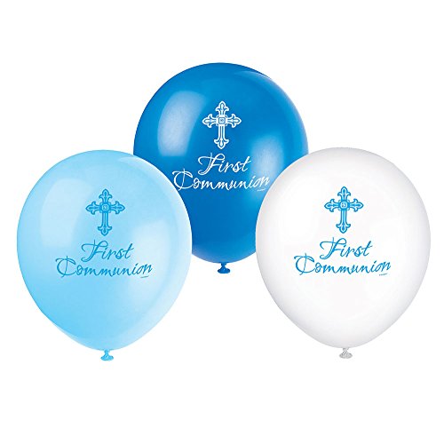 Unique Party - Globos de Látex de Primera Comunión - 30 cm - Diseño Religioso Cruzado Radiante - Color Azul - Paquete de 8 (43831)