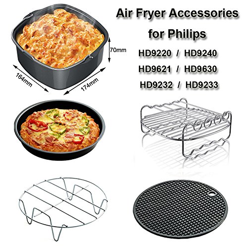 Universal Accesorios para Freidora Compatibles con Philips HD9220 HD9230 HD9240 HD9641 HD9642 e Aicok Freidora - Cake Barril, Pizza Pan, Grills, Brocheta Rack, Silicona Mat