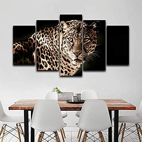 UOBSLBI Impresiones sobre Lienzo 5 Piezas Leopardo Fresco Trabajos De Pintura,Carteles De Pintura Al Óleo Cuadros Colgantes, Arte De Pared,Regalo Creativo Decoración del Hogar（con Marco）