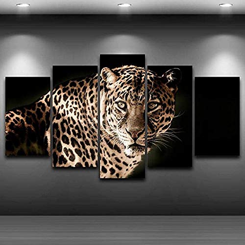 UOBSLBI Impresiones sobre Lienzo 5 Piezas Leopardo Fresco Trabajos De Pintura,Carteles De Pintura Al Óleo Cuadros Colgantes, Arte De Pared,Regalo Creativo Decoración del Hogar（con Marco）