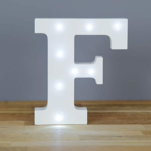 Up in Lights Muestra decorativa de madera blanca de las letras del LED - colgante de pared con pilas - Letra F