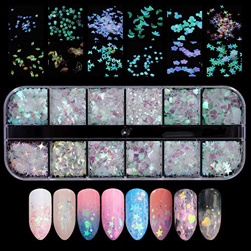 upain 4 Cajas Lentejuelas de Uñas 3D Holográfica Glitter Uñas Purpurina de Uñas Decoración de Manicura de Purpurinas Brillantina Mariposa Flores Secas Estrella Lunar Nail Art Foil Glitter 48 Diseños