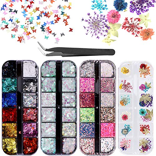 upain 4 Cajas Lentejuelas de Uñas 3D Holográfica Glitter Uñas Purpurina de Uñas Decoración de Manicura de Purpurinas Brillantina Mariposa Flores Secas Estrella Lunar Nail Art Foil Glitter 48 Diseños