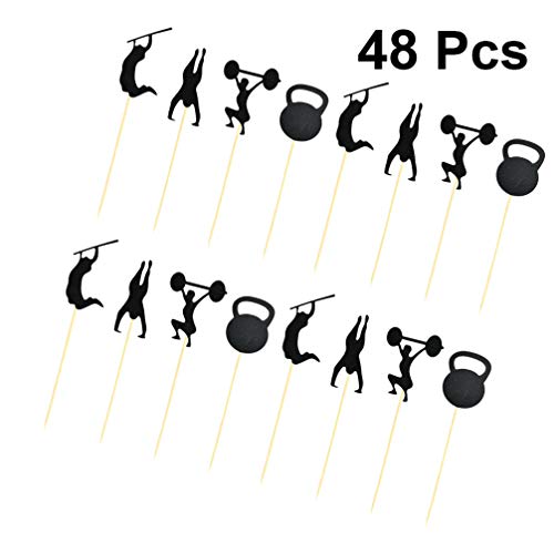 UPKOCH 48 piezas Black Glitter Gym Tema Cake Toppers Cupcake Toppers Addio al Celibato Hombres Cumpleaños Tarta Toppers Gimnasio Decoraciones para Fiesta Suministros