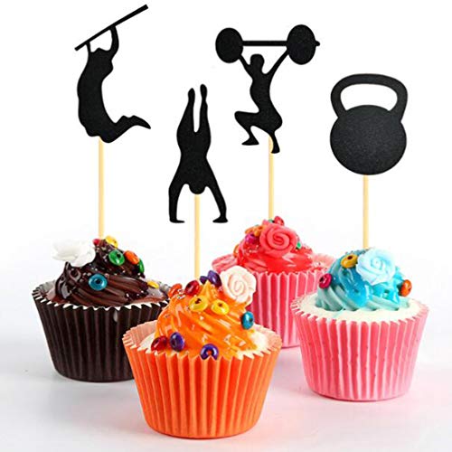 UPKOCH 48 piezas Black Glitter Gym Tema Cake Toppers Cupcake Toppers Addio al Celibato Hombres Cumpleaños Tarta Toppers Gimnasio Decoraciones para Fiesta Suministros