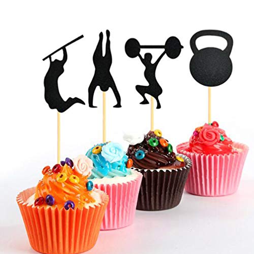 UPKOCH 48 piezas Black Glitter Gym Tema Cake Toppers Cupcake Toppers Addio al Celibato Hombres Cumpleaños Tarta Toppers Gimnasio Decoraciones para Fiesta Suministros