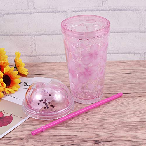 UPKOCH Vaso de plástico con pajita y tapa de doble pared, con purpurina y estrella, 480 ml, plástico, rosa, 22 x 10 x 10cm