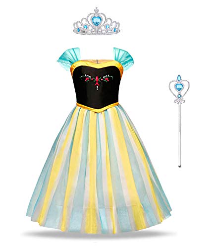 URAQT Vestido de Elsa Anna, Vestido de Princesa para Niñas, Disfraz de Anna con Varita y Corona, Vestido Elegante para Cosplay, Halloween, Navidad, Fiesta