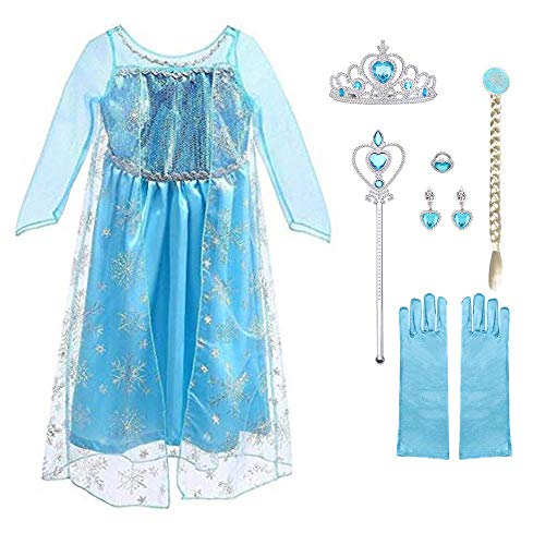 URAQT Vestido de Princesa Elsa, Reina Frozen Disfraz Elsa Vestido Infantil Niñas Costume Azul Cosplay de Disney Disfraz de Halloween, Cumpleaños, Carnaval y la Fiesta (140) Azul