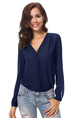 Urban GoCo Blusa de Gasa con Escote en V Mangas Largas y el Dobladillo en el Hombro para Mujeres (M, Azul Marino)