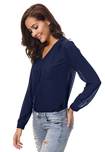 Urban GoCo Blusa de Gasa con Escote en V Mangas Largas y el Dobladillo en el Hombro para Mujeres (M, Azul Marino)