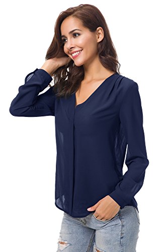 Urban GoCo Blusa de Gasa con Escote en V Mangas Largas y el Dobladillo en el Hombro para Mujeres (M, Azul Marino)