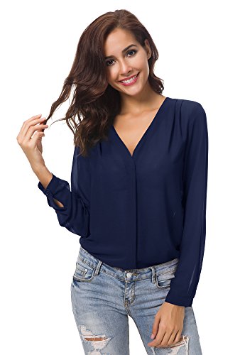 Urban GoCo Blusa de Gasa con Escote en V Mangas Largas y el Dobladillo en el Hombro para Mujeres (M, Azul Marino)