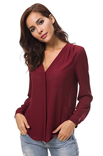 Urban GoCo Blusa de Gasa con Escote en V Mangas Largas y el Dobladillo en el Hombro para Mujeres (M, Vino Rojo)