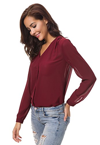 Urban GoCo Blusa de Gasa con Escote en V Mangas Largas y el Dobladillo en el Hombro para Mujeres (M, Vino Rojo)