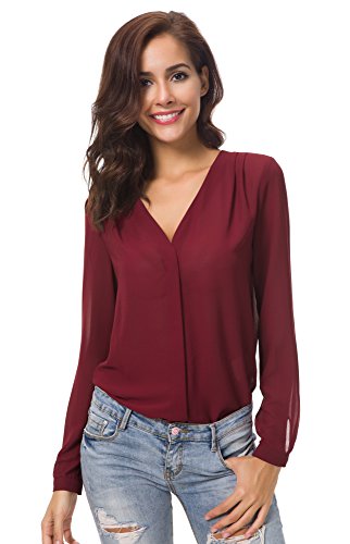 Urban GoCo Blusa de Gasa con Escote en V Mangas Largas y el Dobladillo en el Hombro para Mujeres (M, Vino Rojo)