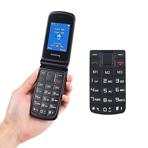 Ushining Teléfono Móvil Libre, Teléfono Móvil para Mayores Teclas Grandes con Tapa Pantalla de 2,4 Pulgadas (Emergencia Botón SOS, Dual SIM, Cámara, Bluetooth, Reproductor MP3) - Negro