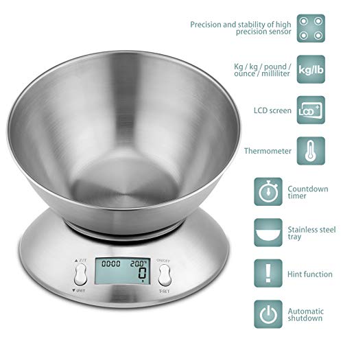 Uten Báscula Digital para Cocina,11 lbs / 5 kg, Acero Inoxidable, con Bol de Mezcla, Retroiluminación Blanca, Alarma y Sensor de Temperatura,Pantalla LCD Apagado Automático