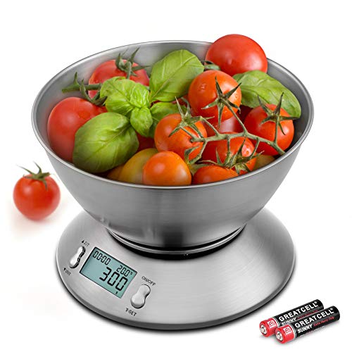 Uten Báscula Digital para Cocina,11 lbs / 5 kg, Acero Inoxidable, con Bol de Mezcla, Retroiluminación Blanca, Alarma y Sensor de Temperatura,Pantalla LCD Apagado Automático