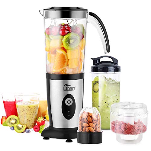 Uten Batidoras Multifuncional, Máquina de Batidos de Elétrica de Acero Inocidable,Picadora, Exprimidor, Batidora de Frutas y Verduras 4 en 1 con Botellas, (220W, 22,000 RPM/Minutos)