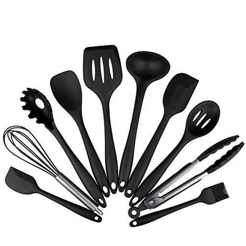 Utensilios Cocina de Silicona 10 Piezas, Juego de Cocina Resistente al Calor, pinzas, batidor Silicona, Cepillo, Espátulas, Cuchara Ranurada, Cucharas de Cocina, Paleta de Arroz.