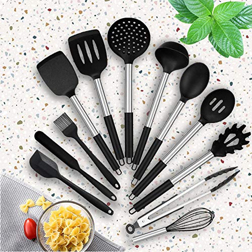 Utensilios de Cocina de Silicona, 24 Piezas Juego de Utensilios de Cocina antiadherentes con Mango de Acero Inoxidable, resistentes al Calor, Incluyendo Espátula, Espumadera, Cucharón, ect.