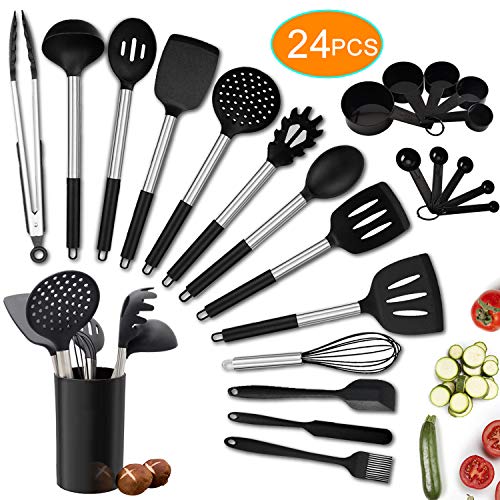 Utensilios de Cocina de Silicona, 24 Piezas Juego de Utensilios de Cocina antiadherentes con Mango de Acero Inoxidable, resistentes al Calor, Incluyendo Espátula, Espumadera, Cucharón, ect.