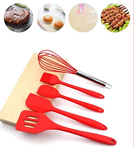 Utensilios de Cocina de Silicona, 5 Piezas Silicona Cocina Hornear Set - Espátulas, Cucharas etc.Resistente al Calor Utensilios de Cocina, Antiadherentes con Orificio para Colgar (Green)