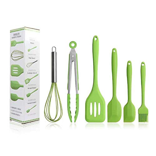 Utensilios de Cocina de Silicona, 5 Piezas Silicona Cocina Hornear Set - Espátulas, Cucharas etc.Resistente al Calor Utensilios de Cocina, Antiadherentes con Orificio para Colgar (Green)