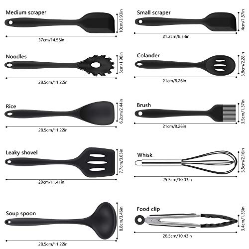 Utensilios de Cocina de Silicona, Herramientas Antiadherentes para Hornear Resistentes al Calor -10 Juegos - Negro (Cucharas de Cocina,Cucharas de Drenaje,Espátulas,Pinza,Cuchara para Espaguetis)