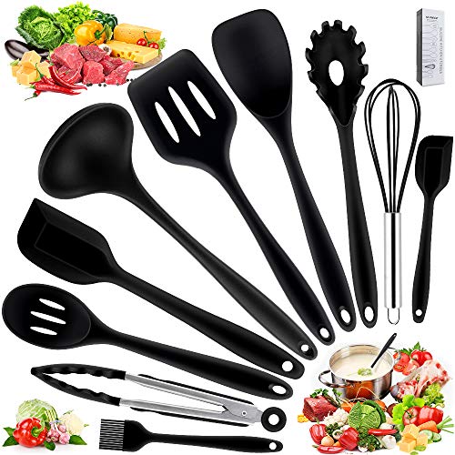 Utensilios de Cocina de Silicona, Herramientas Antiadherentes para Hornear Resistentes al Calor -10 Juegos - Negro (Cucharas de Cocina,Cucharas de Drenaje,Espátulas,Pinza,Cuchara para Espaguetis)